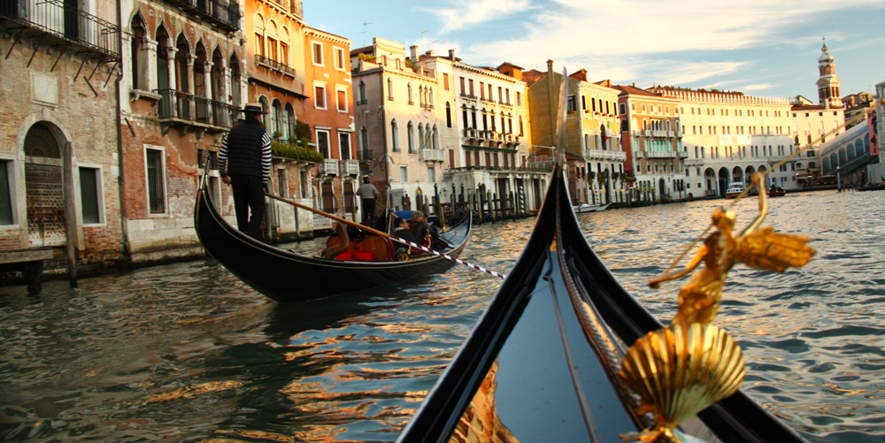 A shot of a canal in Venise from a gondola on our Top Class motorcycle tour of the north east of Italy