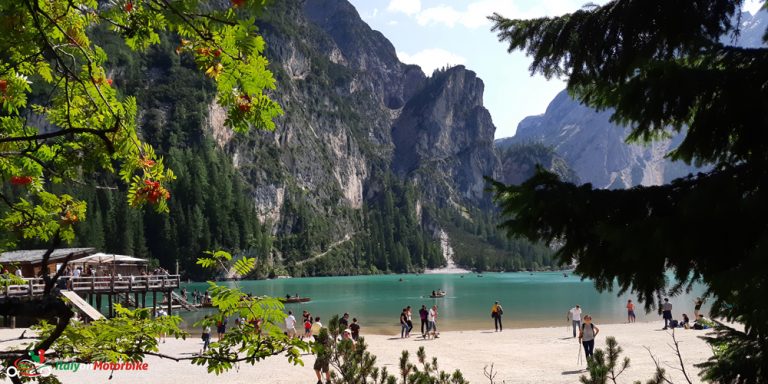 A shot of one of the mane lakes in the Dolomites from our classic motorcycle tour of the Dolomites