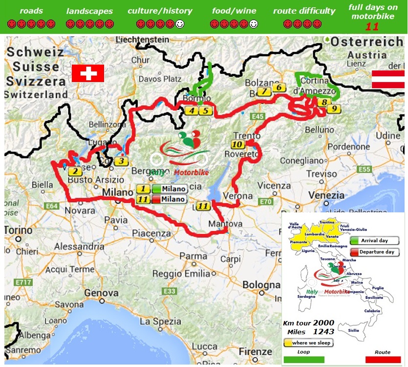 Map of our motorcycle tour in the Alps, Northern Lakes and Dolomites