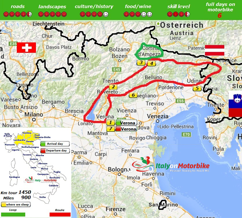 Map of our motorcycle tour in the eastern Dolomites