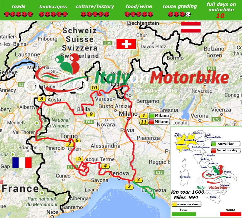 Map of our motorcycle tour in Piedmont, Liguria, Aosta Valley in Italy