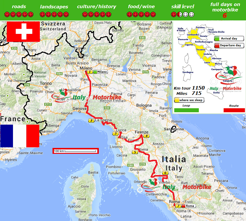 Map of our motorcycle tour from Milan to Rome