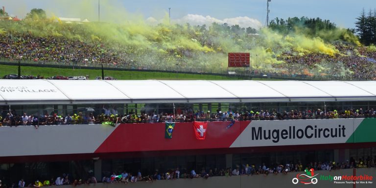 The central tribune of Mugello on our motorcycle tour of Italy with a MotoGP