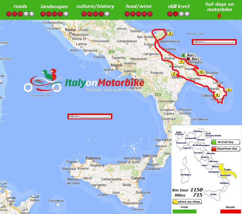 Map of our motorcycle tour in Puglia