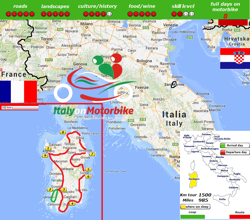 Map of our Sardinia, a bikers' paradise Motorbike Tour